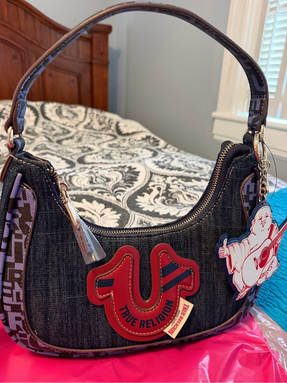 True Religion Black Denim Shoulder Bag with Red Logo Buddha Charm